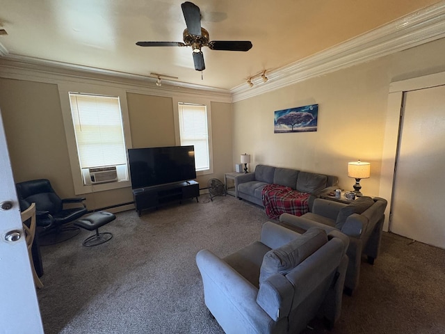 17 S Cagwin Ave, Joliet, IL 60436 - carpeted living area with crown molding, cooling unit, ceiling fan, and rail lighting