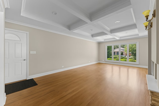 5008 Culver St, Skokie, IL 60077 - unfurnished living room featuring wood finished floors, coffered ceiling, beam ceiling, ornamental molding, and recessed lighting