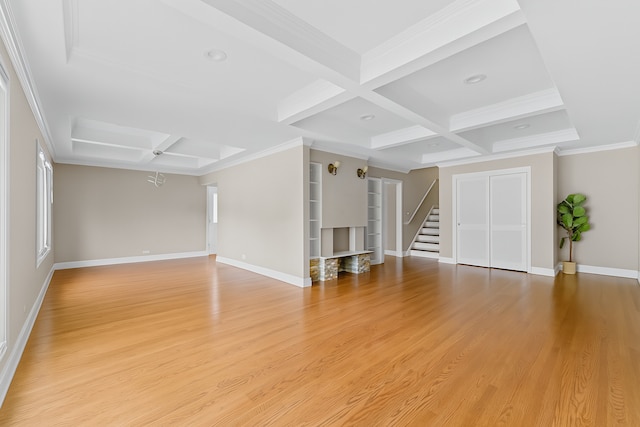 5008 Culver St, Skokie, IL 60077 - unfurnished living room with coffered ceiling, beam ceiling, stairway, light wood-type flooring, and crown molding
