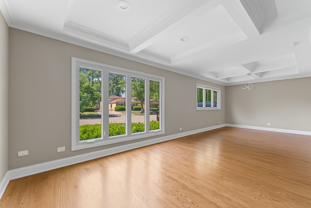 5008 Culver St, Skokie, IL 60077 - empty room with coffered ceiling, wood finished floors, crown molding, and beam ceiling