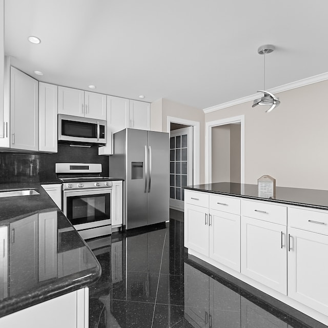 5008 Culver St, Skokie, IL 60077 - kitchen featuring appliances with stainless steel finishes, white cabinets, granite tiled floors, crown molding, and recessed lighting