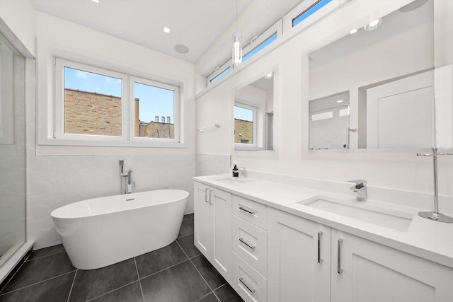 702 W Wellington Ave Unit 2N, Chicago, IL 60657 - full bath with tile walls, a freestanding bath, healthy amount of natural light, double vanity, and tile patterned floors