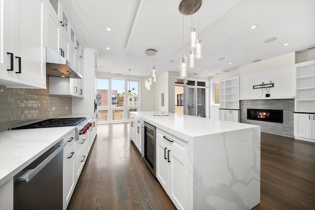 702 W Wellington Ave Unit 2N, Chicago, IL 60657 - kitchen with stainless steel appliances, dark wood-style flooring, under cabinet range hood, beverage cooler, and white cabinetry