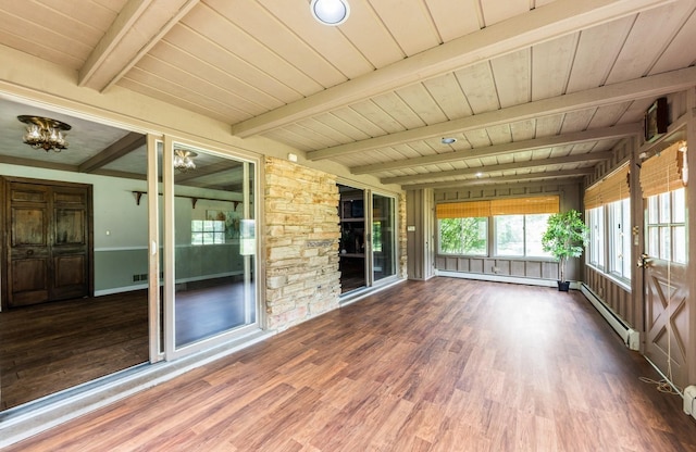 2527 Checker Rd, Long Grove, IL 60047 - unfurnished sunroom with a baseboard heating unit, beamed ceiling, and a chandelier