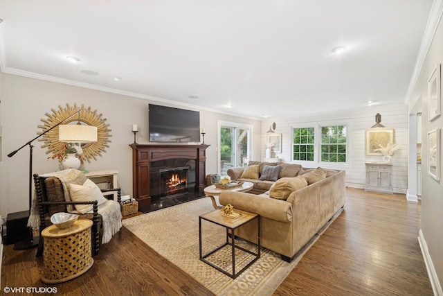 2113 Berwick St, Inverness, IL 60067 - living room with a high end fireplace, wood finished floors, crown molding, and recessed lighting