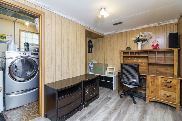 7936 N Ramsgate Cir, Hanover Park, IL 60133 - office with wood walls, washer / dryer, and light wood-type flooring