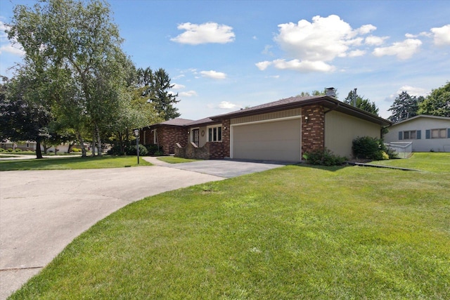 1619 Arnold Ave, Rockford, IL 61108 - ranch-style house featuring brick siding, an attached garage, concrete driveway, a front yard, and a chimney