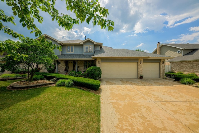 19600 Brookridge Dr, Tinley Park, IL 60487 - traditional-style house featuring a garage, a front yard, driveway, brick siding, and roof with shingles