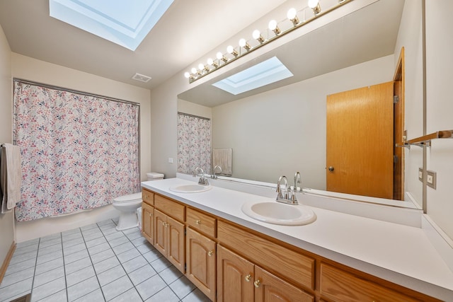 19600 Brookridge Dr, Tinley Park, IL 60487 - bathroom featuring a skylight, tile patterned flooring, double vanity, and curtained shower
