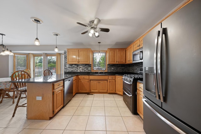 19600 Brookridge Dr, Tinley Park, IL 60487 - kitchen featuring appliances with stainless steel finishes, a peninsula, plenty of natural light, and ceiling fan