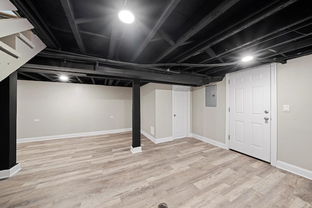 10823 S Ewing Ave, Chicago, IL 60617 - finished below grade area featuring electric panel, light wood finished floors, and stairway