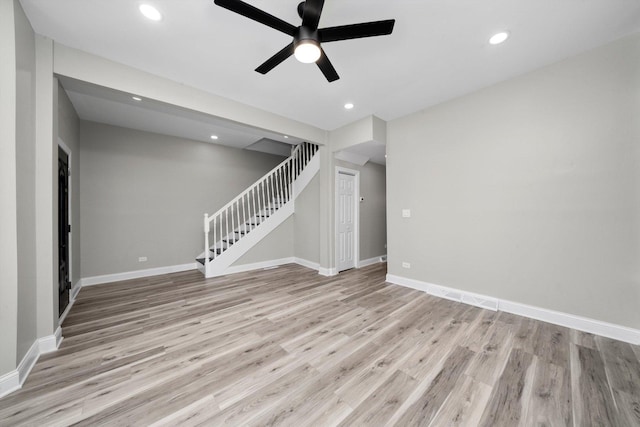 10823 S Ewing Ave, Chicago, IL 60617 - unfurnished living room with stairway, light wood-type flooring, ceiling fan, and recessed lighting