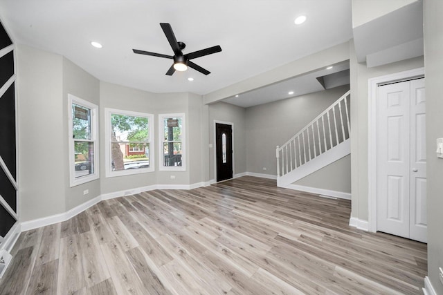 10823 S Ewing Ave, Chicago, IL 60617 - foyer featuring stairway, wood finished floors, a ceiling fan, and recessed lighting