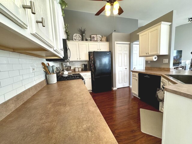 1321 Acorn Dr, Crest Hill, IL 60403 - kitchen with black appliances, a ceiling fan, dark wood-style floors, and white cabinets