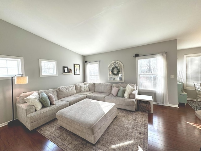 1321 Acorn Dr, Crest Hill, IL 60403 - living area featuring plenty of natural light, dark wood-type flooring, and vaulted ceiling
