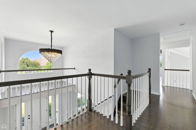 13636 Savanna Dr, Plainfield, IL 60544 - corridor featuring an upstairs landing, wood finished floors, and a chandelier