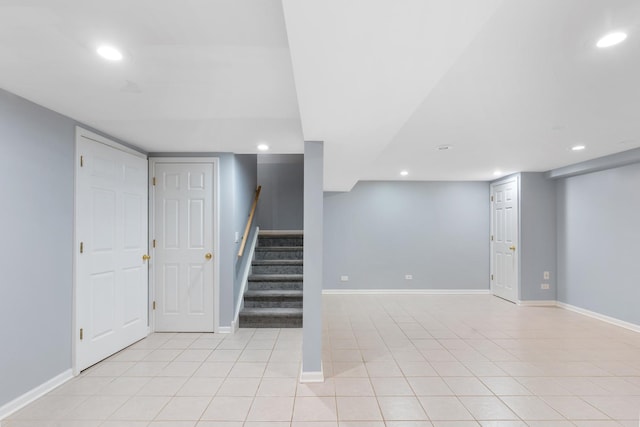 496 Navajo Trl S Unit 496, Wheeling, IL 60090 - finished basement with recessed lighting, stairway, and light tile patterned floors