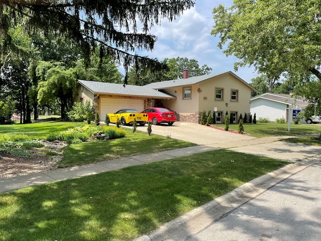 7004 Roberts Dr, Woodridge, IL 60517 - tri-level home featuring an attached garage, stucco siding, a front lawn, and a chimney