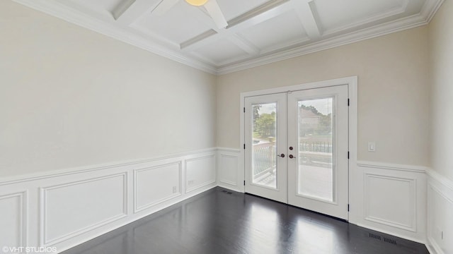 392 Spruce Rd, Wood Dale, IL 60191 - empty room with coffered ceiling, french doors, beam ceiling, wainscoting, and dark wood-style flooring