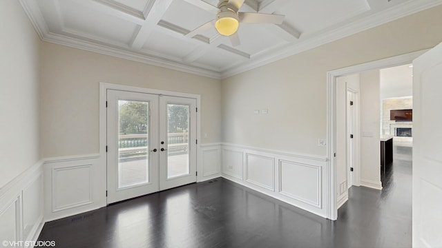 392 Spruce Rd, Wood Dale, IL 60191 - unfurnished room featuring coffered ceiling, dark wood-style floors, french doors, a ceiling fan, and beamed ceiling