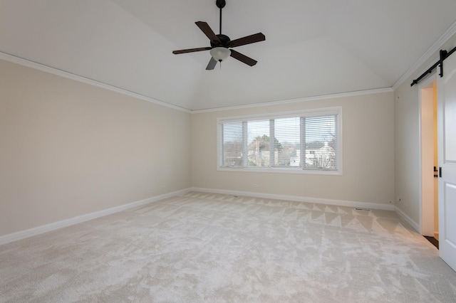 392 Spruce Rd, Wood Dale, IL 60191 - unfurnished room featuring lofted ceiling, a barn door, light colored carpet, a ceiling fan, and crown molding
