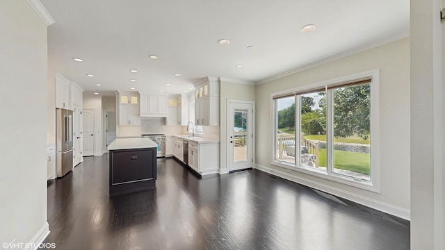 392 Spruce Rd, Wood Dale, IL 60191 - kitchen featuring high end appliances, dark wood-style floors, light countertops, white cabinets, and recessed lighting