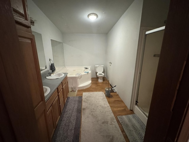 810 Harding Ave, Gillespie, IL 62033 - bathroom with a garden tub, double vanity, a stall shower, and wood finished floors