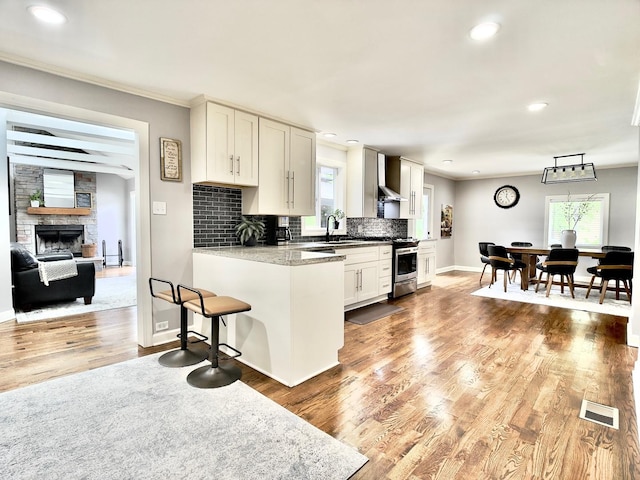 120 Walter Ct, Bloomingdale, IL 60108 - kitchen featuring stainless steel stove, wood finished floors, a breakfast bar area, a stone fireplace, and recessed lighting