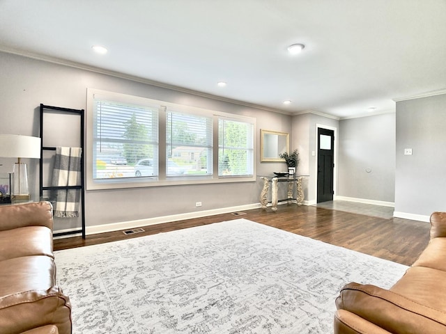 120 Walter Ct, Bloomingdale, IL 60108 - living area featuring ornamental molding, dark wood finished floors, and recessed lighting