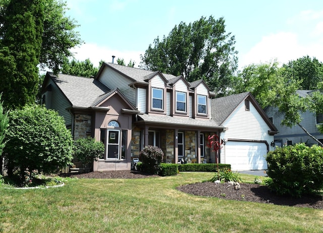 46 Copperwood Dr, Buffalo Grove, IL 60089 - traditional-style house with stone siding, a front yard, an attached garage, a porch, and a shingled roof
