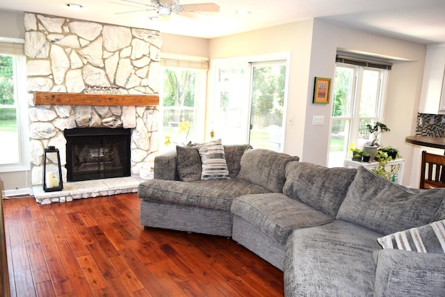 46 Copperwood Dr, Buffalo Grove, IL 60089 - living area with ceiling fan, hardwood / wood-style floors, plenty of natural light, and a stone fireplace