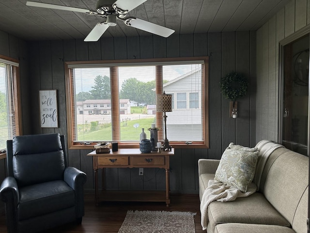 15459 Henry Rd Unit A, Morrison, IL 61270 - living area featuring wood finished floors, wood walls, wood ceiling, and ceiling fan