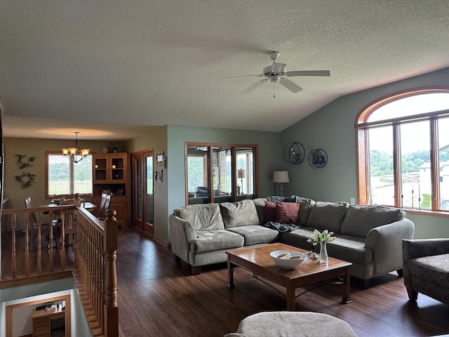 15459 Henry Rd Unit A, Morrison, IL 61270 - living area with a textured ceiling, dark wood finished floors, a ceiling fan, a chandelier, and lofted ceiling
