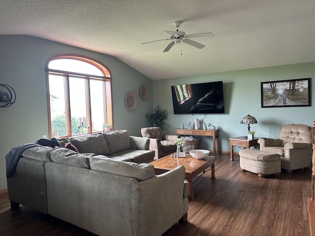 15459 Henry Rd Unit A, Morrison, IL 61270 - living area with vaulted ceiling, ceiling fan, dark wood-type flooring, and a textured ceiling