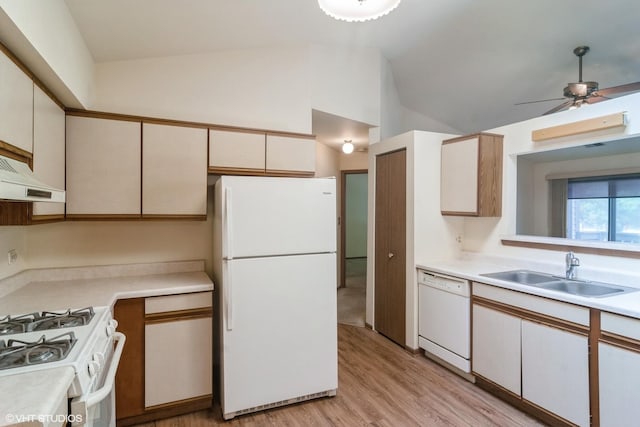 4130 N Pheasant Trail Ct Unit 2, Arlington Heights, IL 60004 - kitchen with white appliances, light wood-style floors, light countertops, under cabinet range hood, and high vaulted ceiling