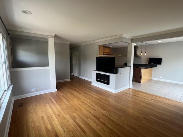 7830 Westview Ln, Woodridge, IL 60517 - unfurnished living room featuring light wood-style flooring, crown molding, recessed lighting, and a fireplace