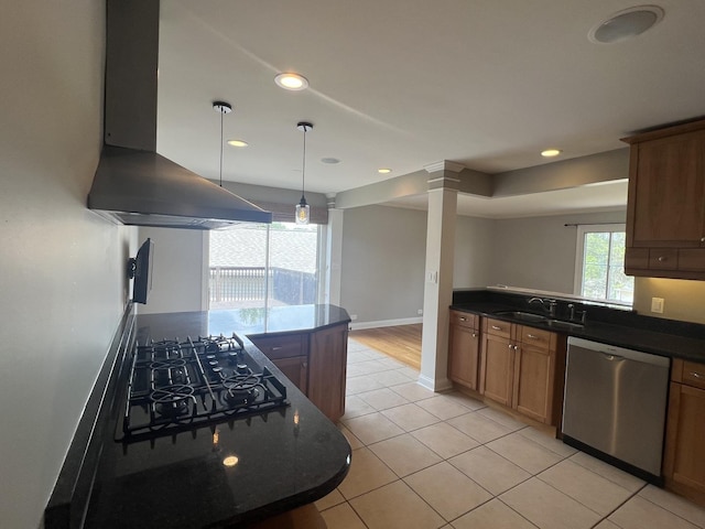 7830 Westview Ln, Woodridge, IL 60517 - kitchen featuring stainless steel dishwasher, island range hood, dark countertops, light tile patterned floors, and recessed lighting