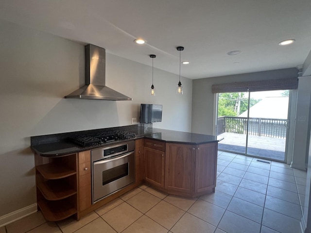 7830 Westview Ln, Woodridge, IL 60517 - kitchen with stainless steel appliances, wall chimney exhaust hood, dark countertops, brown cabinetry, and a peninsula