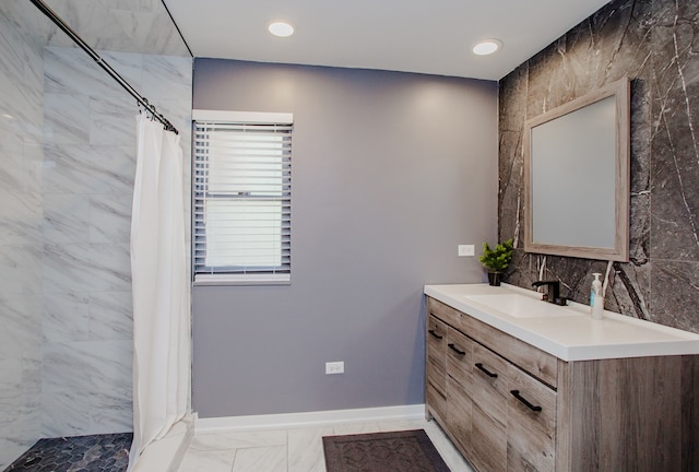 974 Webster Ln, Des Plaines, IL 60016 - bathroom featuring a shower stall, vanity, marble finish flooring, and recessed lighting