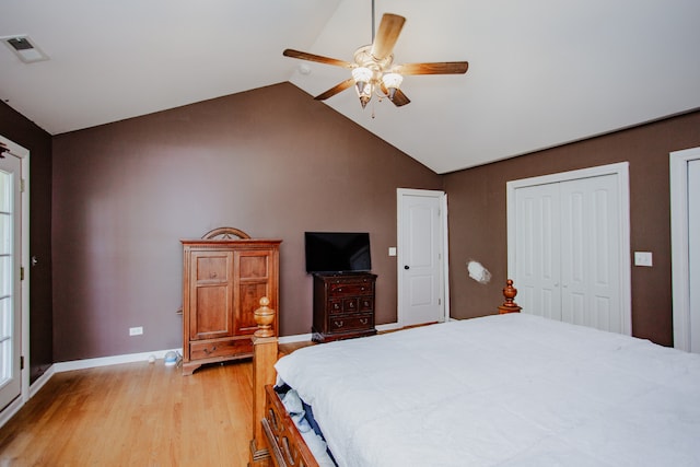 974 Webster Ln, Des Plaines, IL 60016 - bedroom featuring light wood-type flooring, ceiling fan, and high vaulted ceiling
