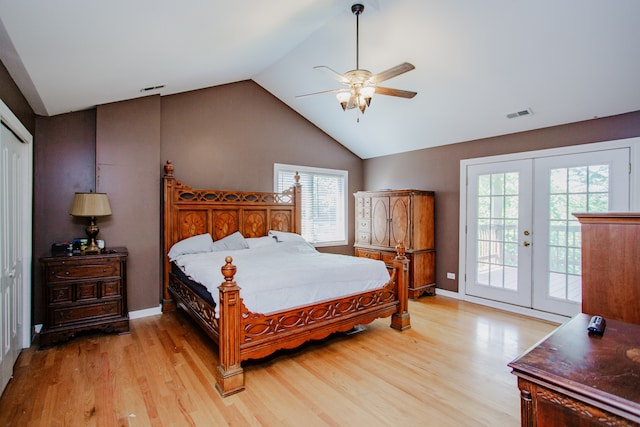 974 Webster Ln, Des Plaines, IL 60016 - bedroom with access to exterior, light wood finished floors, french doors, vaulted ceiling, and ceiling fan