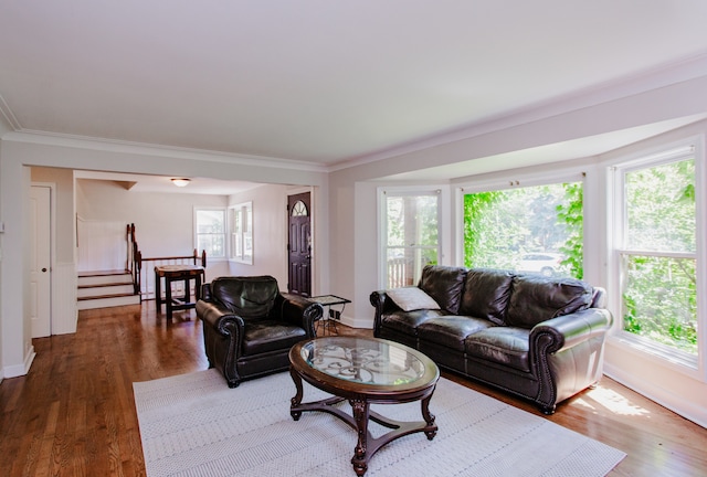 974 Webster Ln, Des Plaines, IL 60016 - living area with stairway, wood finished floors, and ornamental molding
