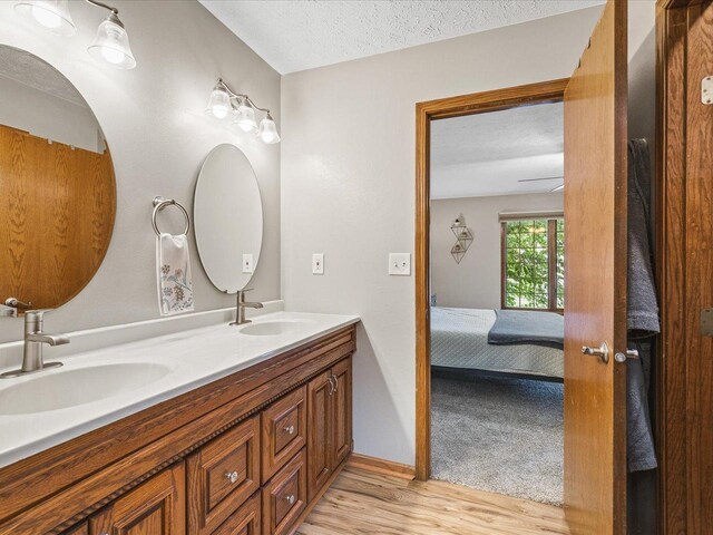 316 Harwich Pl, Rockton, IL 61072 - full bathroom with ensuite bath, double vanity, wood finished floors, and a textured ceiling