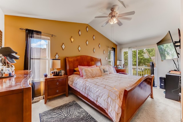 22401 Helen Dr, Sauk Village, IL 60411 - bedroom with light colored carpet, access to exterior, vaulted ceiling, and a ceiling fan