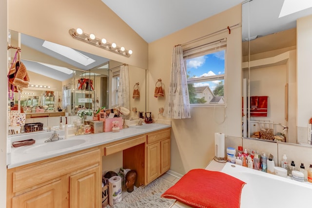 22401 Helen Dr, Sauk Village, IL 60411 - full bathroom with a skylight, vaulted ceiling, double vanity, and tile patterned floors