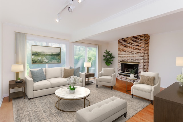590 Green Bay Rd, Glencoe, IL 60022 - living room featuring light wood-style flooring, crown molding, a brick fireplace, and rail lighting