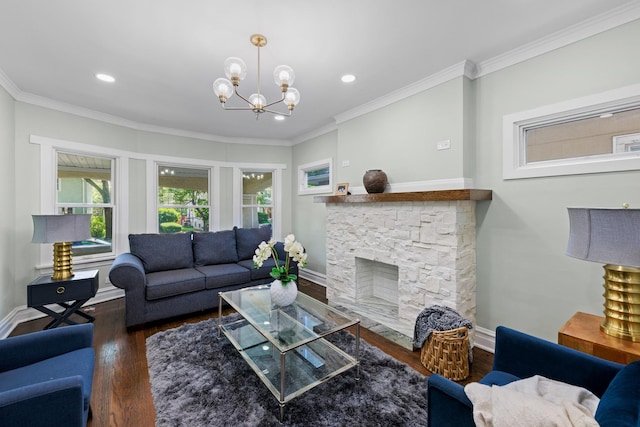 605 Home Ave, Oak Park, IL 60304 - living area with wood finished floors, recessed lighting, ornamental molding, a chandelier, and a fireplace