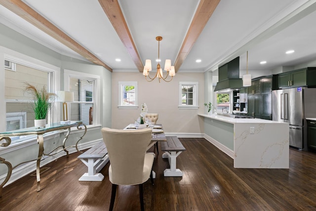605 Home Ave, Oak Park, IL 60304 - dining area featuring a chandelier, beamed ceiling, dark wood-style floors, and recessed lighting