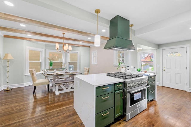 605 Home Ave, Oak Park, IL 60304 - kitchen featuring green cabinets, stainless steel stove, custom range hood, dark wood finished floors, and light countertops