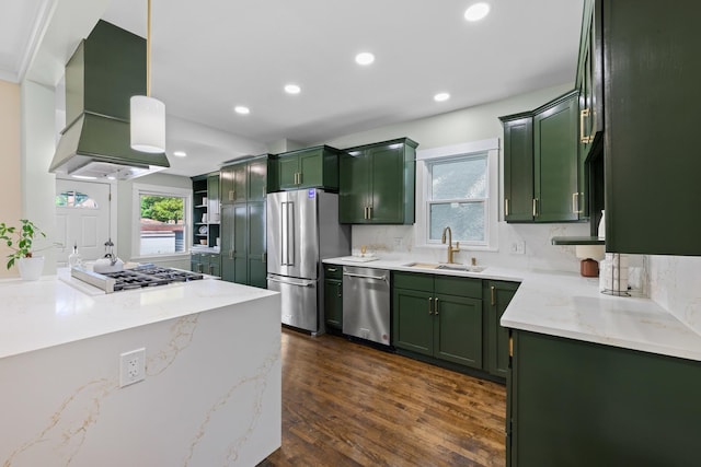 605 Home Ave, Oak Park, IL 60304 - kitchen featuring green cabinets, stainless steel appliances, custom range hood, dark wood-style flooring, and recessed lighting